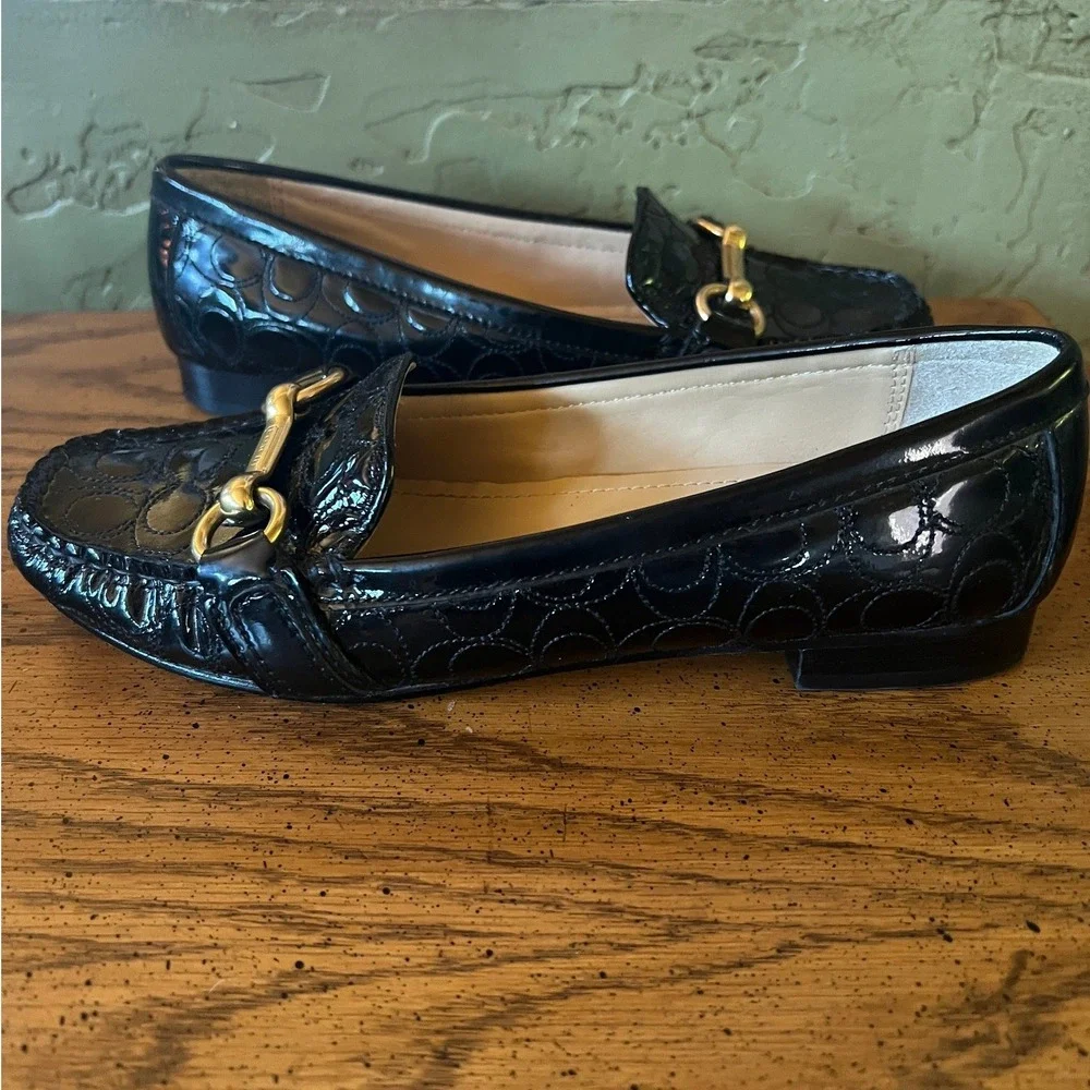 Coach Eve Black Patent Leather Signature Logo Preppy Horsebit Loafers Womens 5B